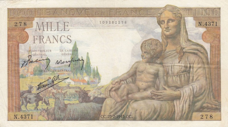 France, 1.000 Francs, 1942-1944, XF, p102
There are pinholes, Serial Number: N....