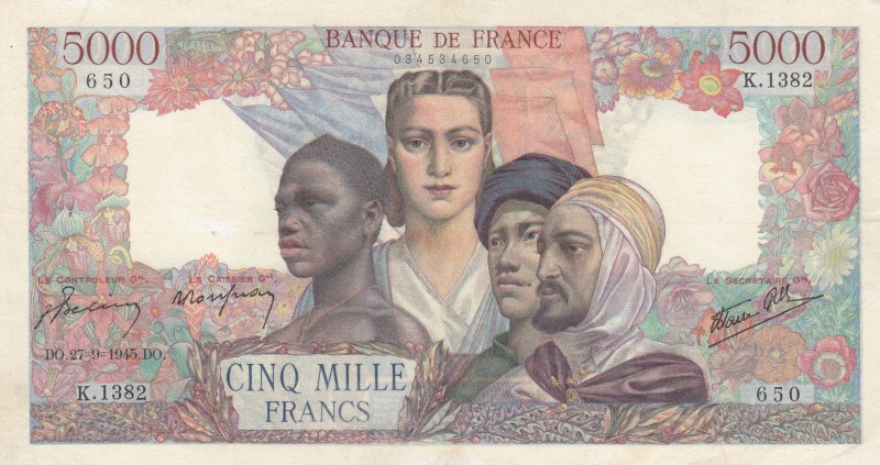 France, 5.000 Francs, 1945, XF, p103c
Pressed, Serial Number: K.1382/650
Estim...
