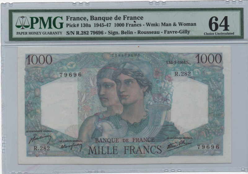 France, 1.000 Francs, 1945-47, UNC, p130a
PMG 64, Serial Number: R.282 79696
E...