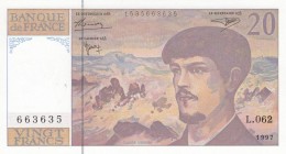 Fransa, 20 francs, 1997, UNC, p151i
 Serial Number: L 062 663635
Estimate: 15-30 USD