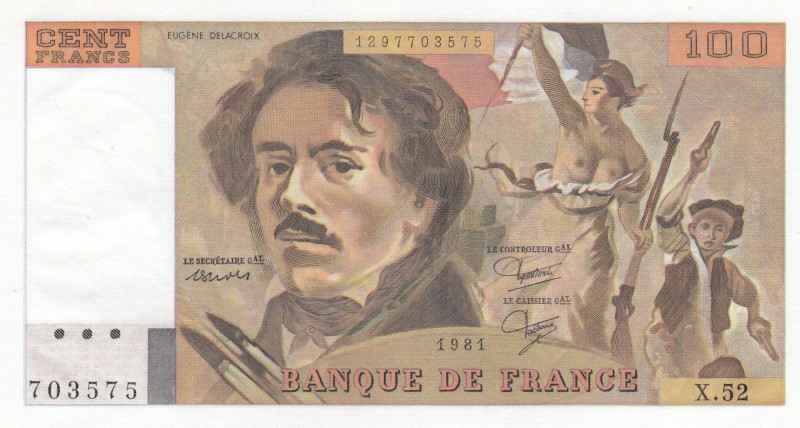 France, 100 Francs, 1981, UNC, p154b
 Serial Number: X.52.703575
Estimate: 20-...