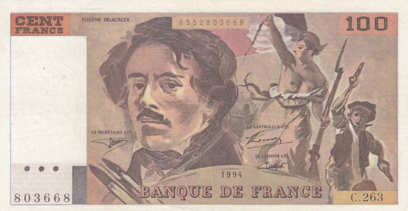 France, 100 Francs, 1994, XF, p154h
Pressed, Serial Number: C.263.803668
Estim...
