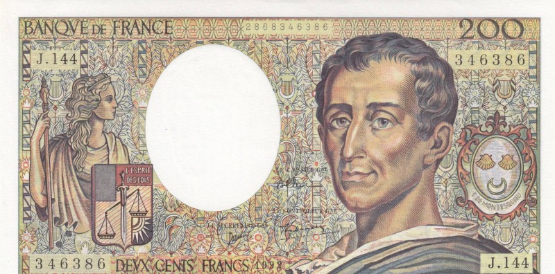 France, 200 Francs, 1992, UNC (-), p155e
 Serial Number: 346386
Estimate: 30-6...