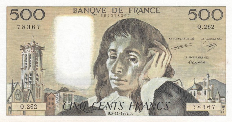 France, 500 Francs, 1987, UNC, p156f
 Serial Number: Q.262/78367
Estimate: 100...