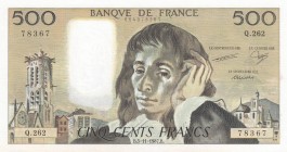 France, 500 Francs, 1987, UNC, p156f
 Serial Number: Q.262/78367
Estimate: 100-200 USD