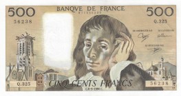 France, 500 Francs, 1990, AUNC(-), p156g
 Serial Number: 811556238
Estimate: 40-80 USD