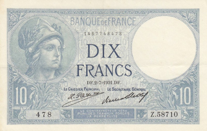 Fransa, 10 Francs, 1931, XF, P73d
 Serial Number: 478 Z58710
Estimate: 25-50 U...