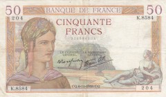 France, 50 Francs, 1938, VF, p85b
 Serial Number: K.8584.204
Estimate: 50-100 USD