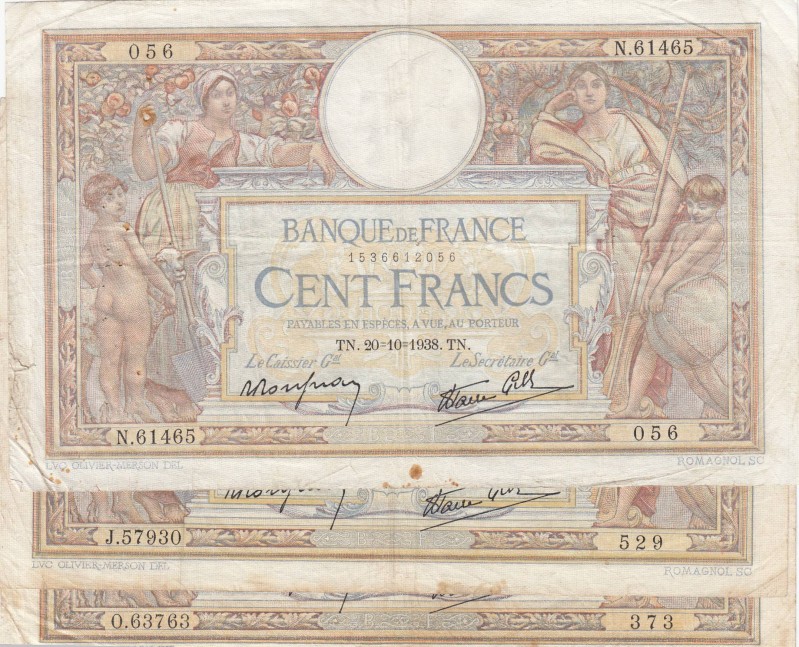 France, 100 Francs (3), 1938/1939, FINE, p86a, p86b, (Total 3 banknotes)
Estima...