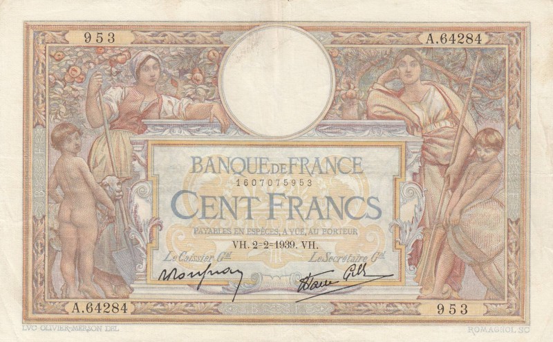 France, 100 Francs, 1939, VF, p86b
There are pinholes, Serial Number: A.62284 9...