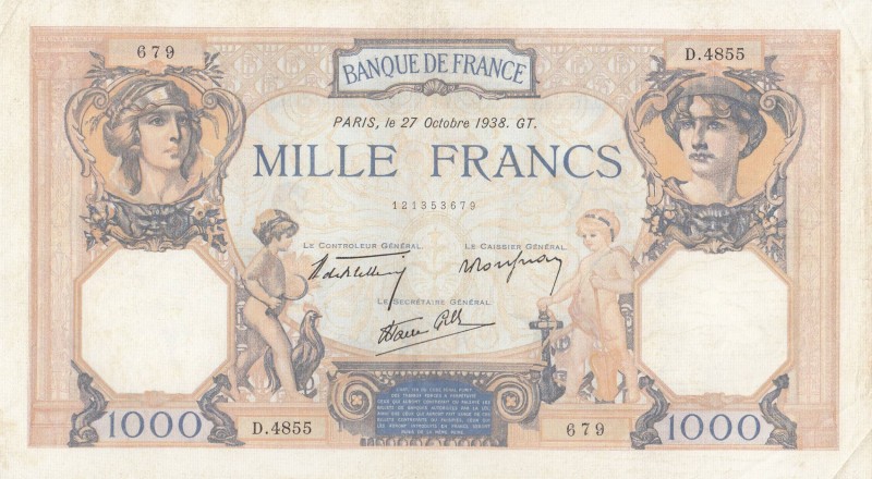 France, 1000 Francs, 1938, XF, p90c
 Serial Number: D4855 679
Estimate: 100-20...