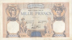 France, 1000 Francs, 1939, VF, p90c
 Serial Number: P.6635 519
Estimate: 75-150 USD