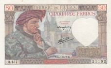 France, 50 Francs, 1942, AUNC, p93
 Serial Number: 21152
Estimate: 30-60 USD
