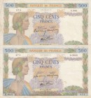 France, 500 Francs, 1940/1942, VF, p95a, p95b
There is a little slit at the upper-left of bordure level (p95a), there are little slits at the bordure...