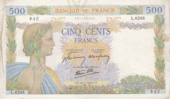 France, 500 Francs, 1942, VF (+), p95b
 Serial Number: L.6288.942
Estimate: 30-60 USD