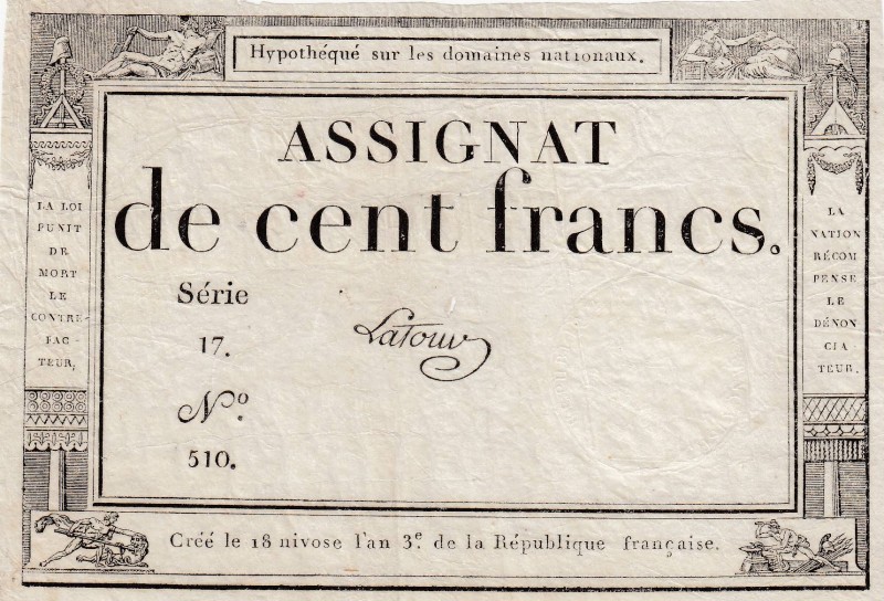 France, 100 Francs, 1795, VF, pA78
There are pinholes and a slit at the centre....