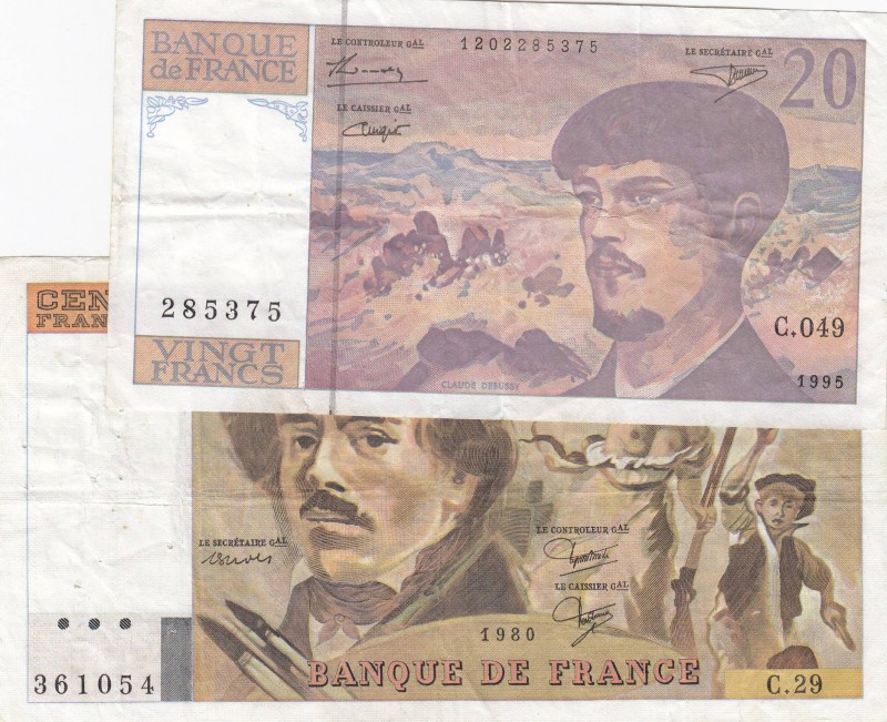 France, VF, Total 2 banknotes
20 Francs, 1995, VF, p151h; 100 Francs, 1980, VF,...