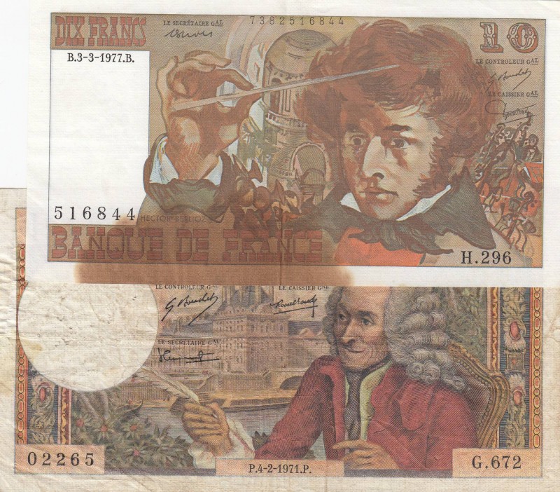 France, Total 2 banknotes
10 Francs, 1971, FINE, p147c, pinholes; 10 Francs, 19...