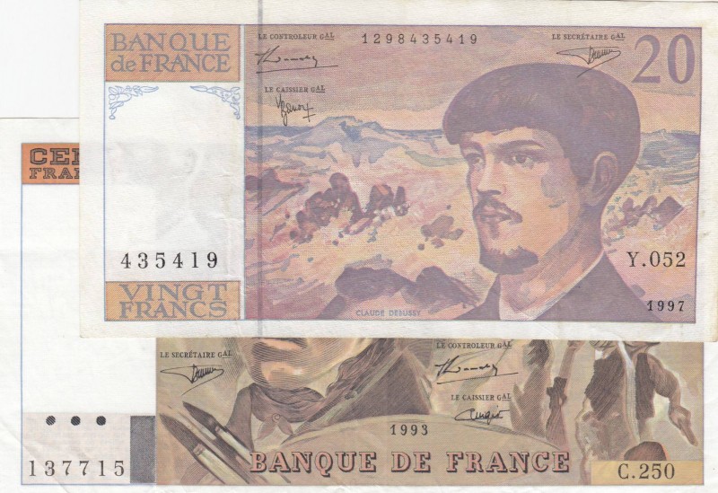 France, Total 2 banknotes
20 Francs, 1997, XF, p151i; 100 Francs, 1993, XF, p15...