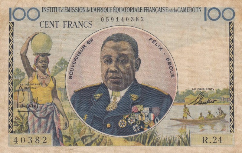 French Equatorial Africa, 100 Francs, 1957, VF, p32
 Serial Number: 40382 R.24...