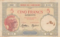 French Somaliland, 5 Francs , 1943, VF (-), p11
Djibouti, Banque De L'indochine, Serial Number: C.62.810
Estimate: 30-60 USD