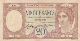 French Somaliland, düzeltme var, 20 Francs , 11928/1938, VF, p7
Djibouti, Banque De L'indochine, pressed, Serial Number: D.18 396
Estimate: 75-150 U...