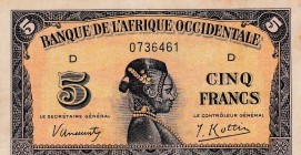 French West Afrıca, 5 Francs, 1942, VF, p28
 Serial Number: 0736461
Estimate: 15-30 USD