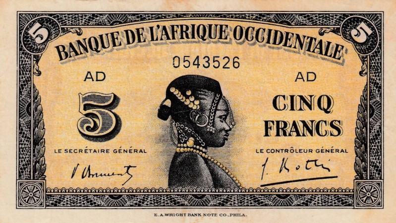 French West Africa, 5 Francs, 1942, VF, p28b
There are small stains at the edge...