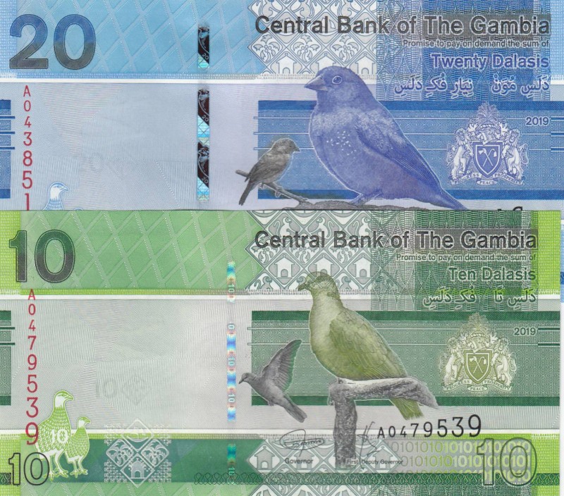 Gambia, 10 Dalasis and 20 Dalasis, 2019, UNC, p38, p39, (Total 2 banknotes)
Est...