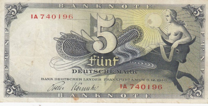 Germany, 5 Mark, 1948, VF, P13
 Serial Number: IA 740 I 96
Estimate: 35-70 USD