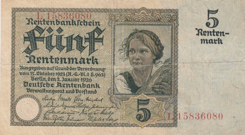 Germany, 5 Rentenmark, 1926, VF, p169
 Serial Number: L15836080
Estimate: 20-4...