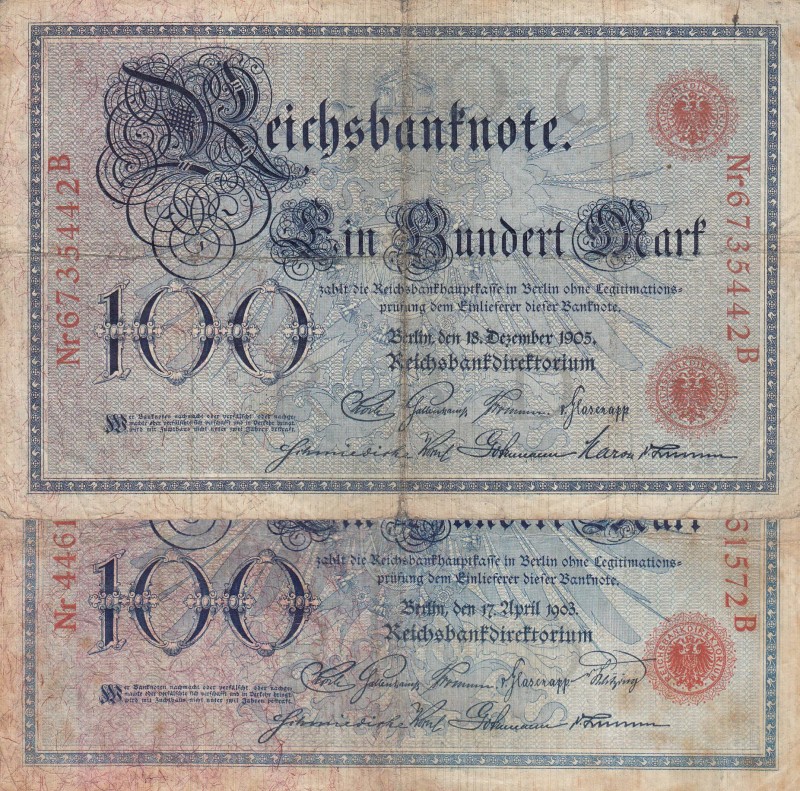 Germany, 100 Reichsmark, 1903, FINE, p22, Total 2 banknotes
 Serial Number: Nr4...