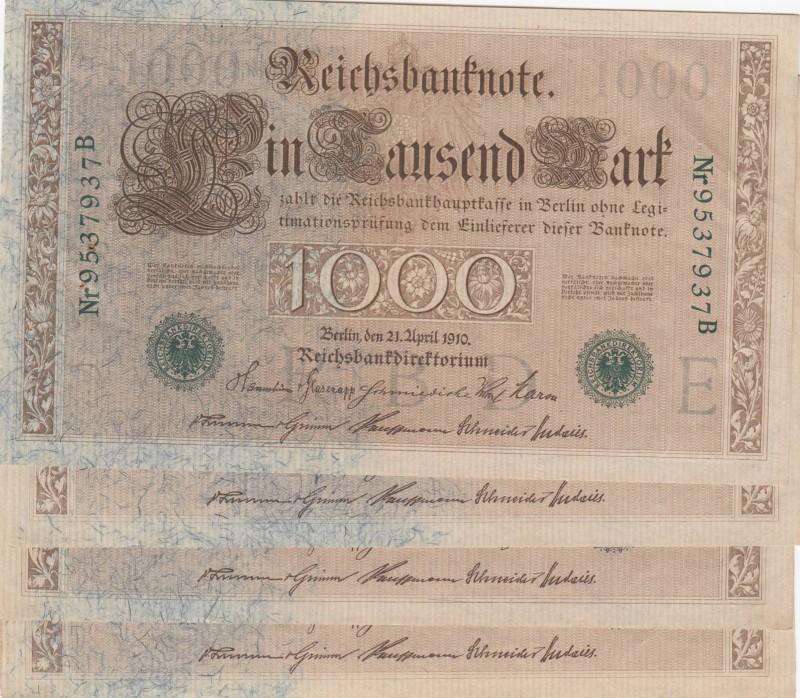 Germany, 1.000 Mark, 1910, XF, p45 , Total 4 banknotes
,consecutive serial numb...