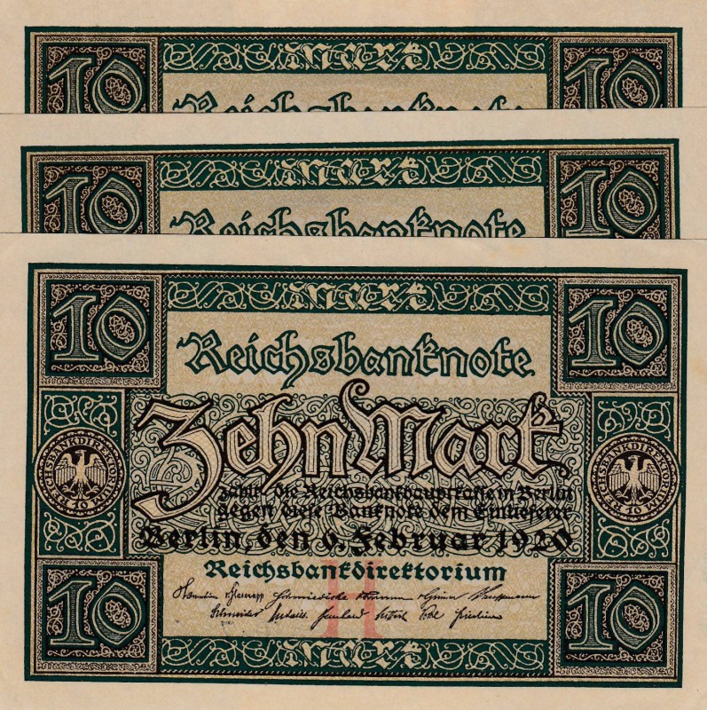 Germany, 10 Mark (2), 1920, AUNC - UNC, p67, (Total 3 banknotes)
Estimate: 10-2...