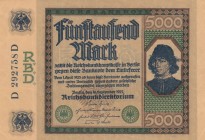 Germany, 5.000 Mark, 1922, XF, p77
 Serial Number: D292758D
Estimate: 10-20 USD