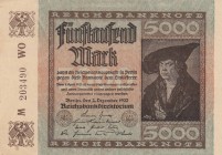 Germany, 5.000 Mark, 1922, XF, p81b
 Serial Number: M203490WO
Estimate: 10-20 USD