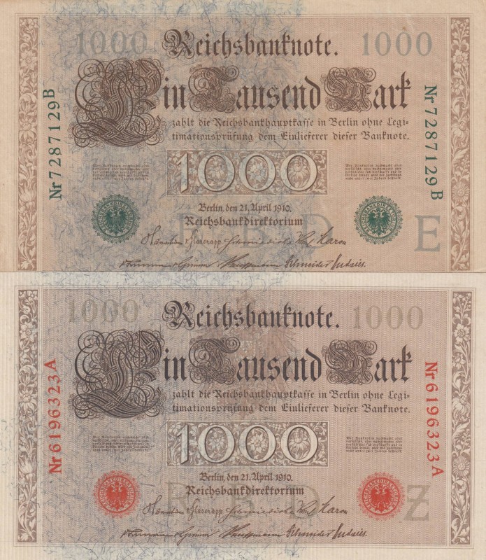 Germany, 1910, Total 2 banknotes
1.000 Mark, 1910, p44a, UNC(-); 1.000 Mark, 19...