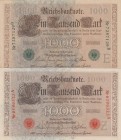 Germany, 1910, Total 2 banknotes
1.000 Mark, 1910, p44a, UNC(-); 1.000 Mark, 1910, p45b, XF 
Estimate: 30-60 USD