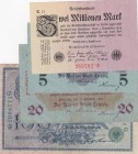 Germany, Total 4 banknotes
5 Mark, 1918, AUNC (-); 20 Mark, 1918, 20 Mark, 1918, VF; 3 Million Mark, 1923, UNC (-), 100 Mark, 1908, VF, p33a
Estimat...