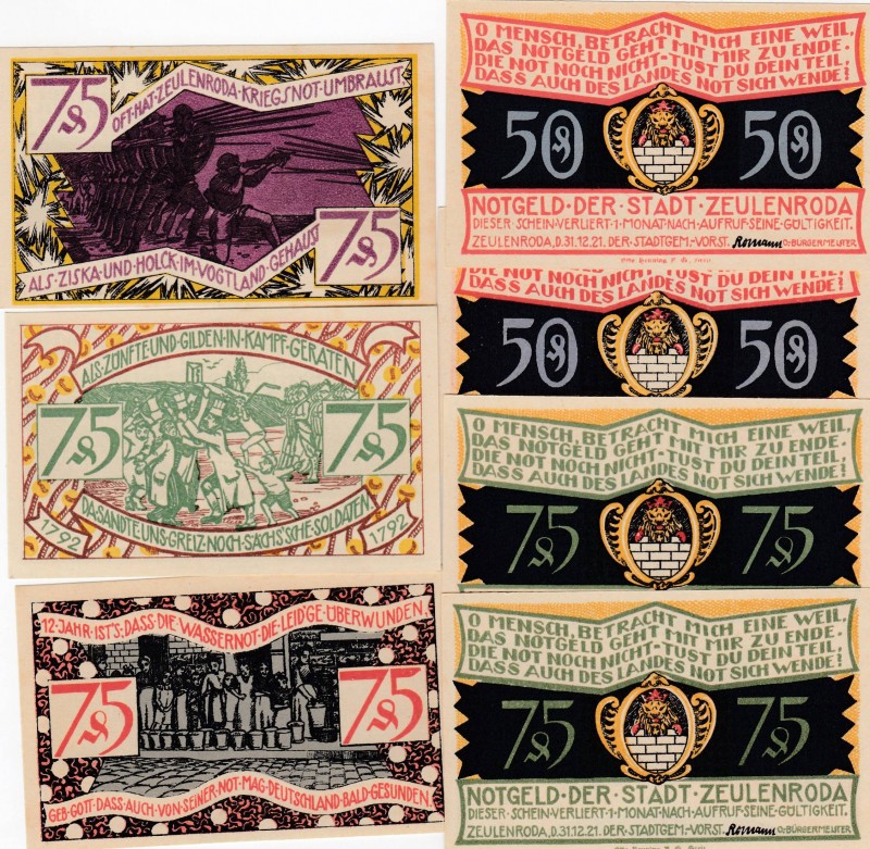 Germany, 50 Pfennig(2), 75 Pfennig(5), 1921, UNC, Notgeld, Total 7 banknotes
Ze...