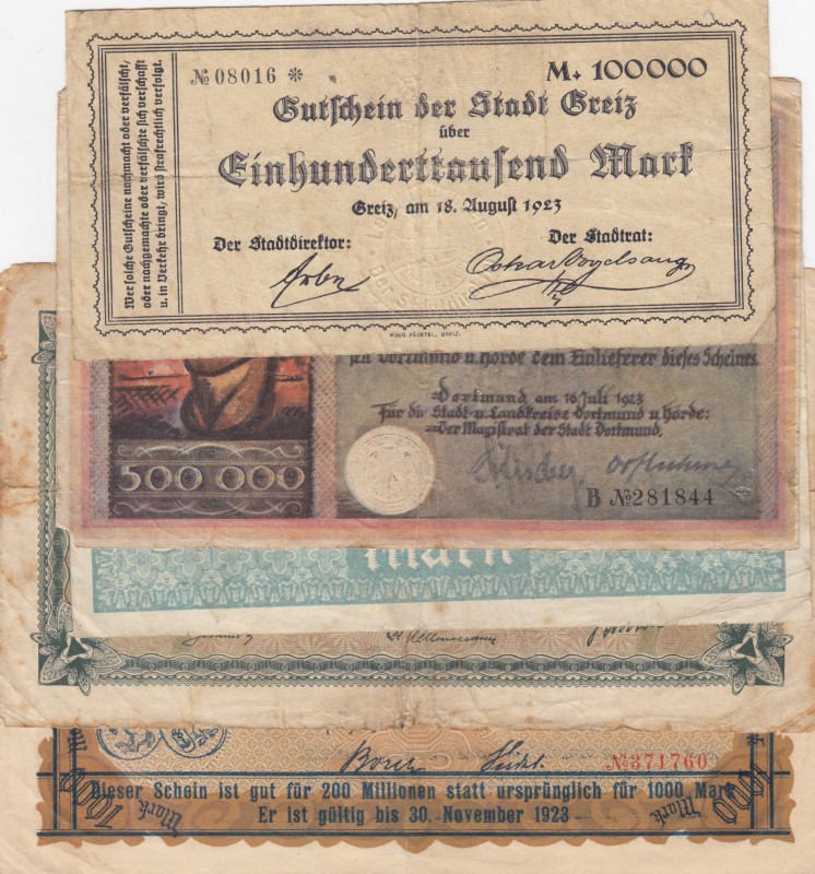 Germany, Total 5 banknotes
100.000 Mark, 1923, VF; 500.000 Mark, 1922, FINE; 50...