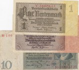 Germany, 3 Different banknotes
1 Mark, 1937,VF, p174a; 10 Reichsmark, 1929, FINE, p180; 2 Rentenmark, 1937, VF, p173a; 
Estimate: 15-30 USD