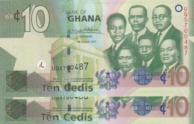 Ghana, 10 Cedis, 2017, UNC, p39g
Consecutive serial number, total 2 banknotes, ...