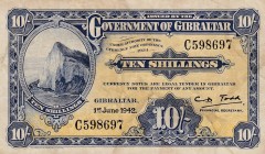 Gibraltar, 10 Shillings, 1942, VF (-), p14b
 Serial Number: C598697
Estimate: 80-160 USD