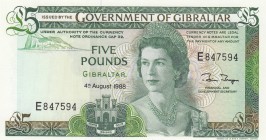 Gibraltar, 5 Pounds, 1988, UNC, p21b
Queen Elizabeth II. Portrait, Serial Number: E847594
Estimate: 25-50 USD