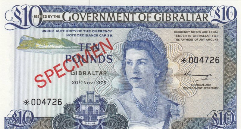 Gibraltar, 10 Pounds, 1977, UNC, pCS1, SPECIMEN
Collector Series , Serial Numbe...