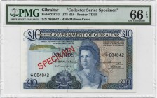 Gibraltar, 10 Pounds, 1975, UNC, p22CS1
PMG 66 EPQ, Collector Series SPECIMEN, Serial Number: 004042
Estimate: 125-250 USD
