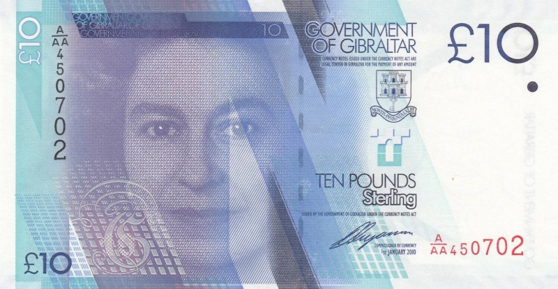 Gibraltar, 10 Pounds, 2010, UNC, p36
Queen Elizabeth II. Portrait, Serial Numbe...