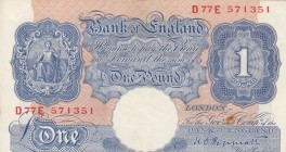 Great Britain, 1 Pound, 1940, AUNC(-), p367
 Serial Number: D77E 571351
Estimate: 40-80 USD