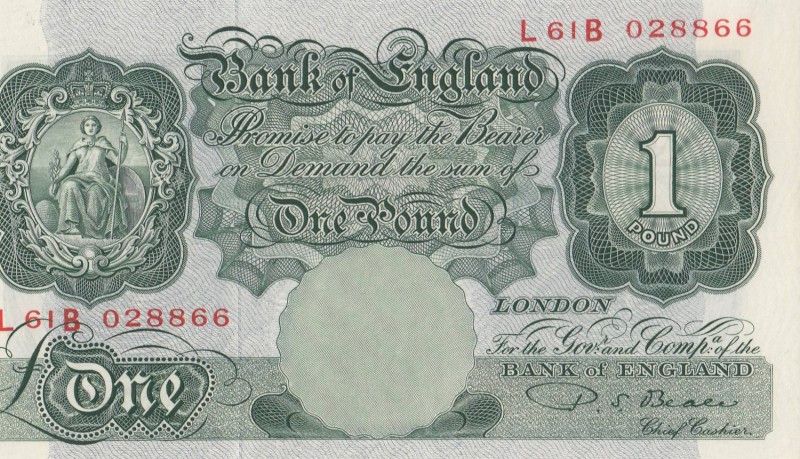 Great Britain, 1 Pound, 1949-55, AUNC, p369b
 Serial Number: L61B 028866
Estim...